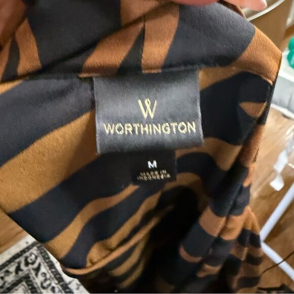 Worthington Animal Print Button Down Blouse Tie Neck Black Brown Striped - Picture 8 of 10